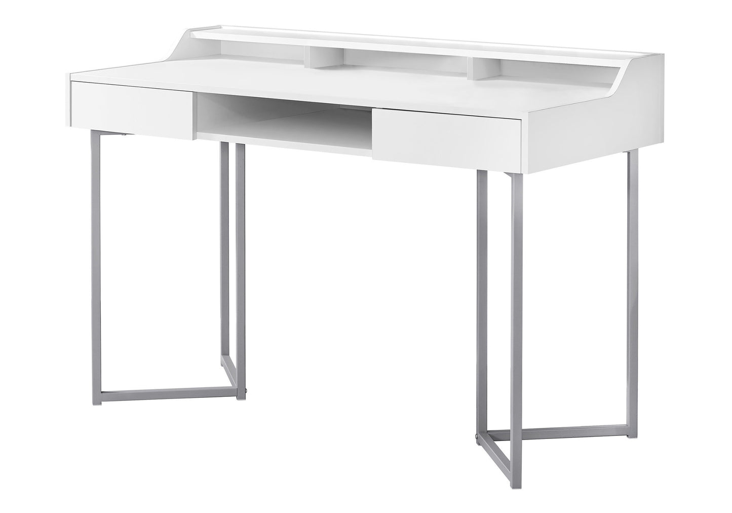 Modern white writing desk with silver metal legs and two drawers