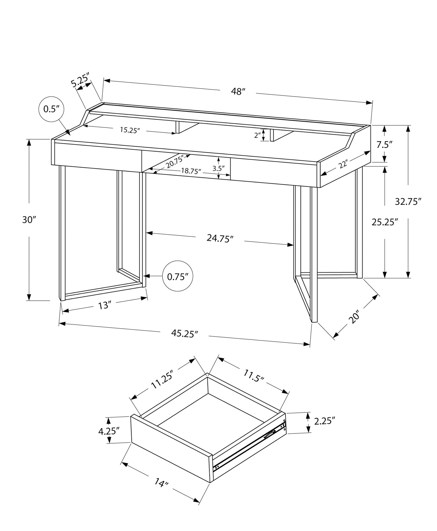 Diagram showing dimensions of a modern desk with an open drawer