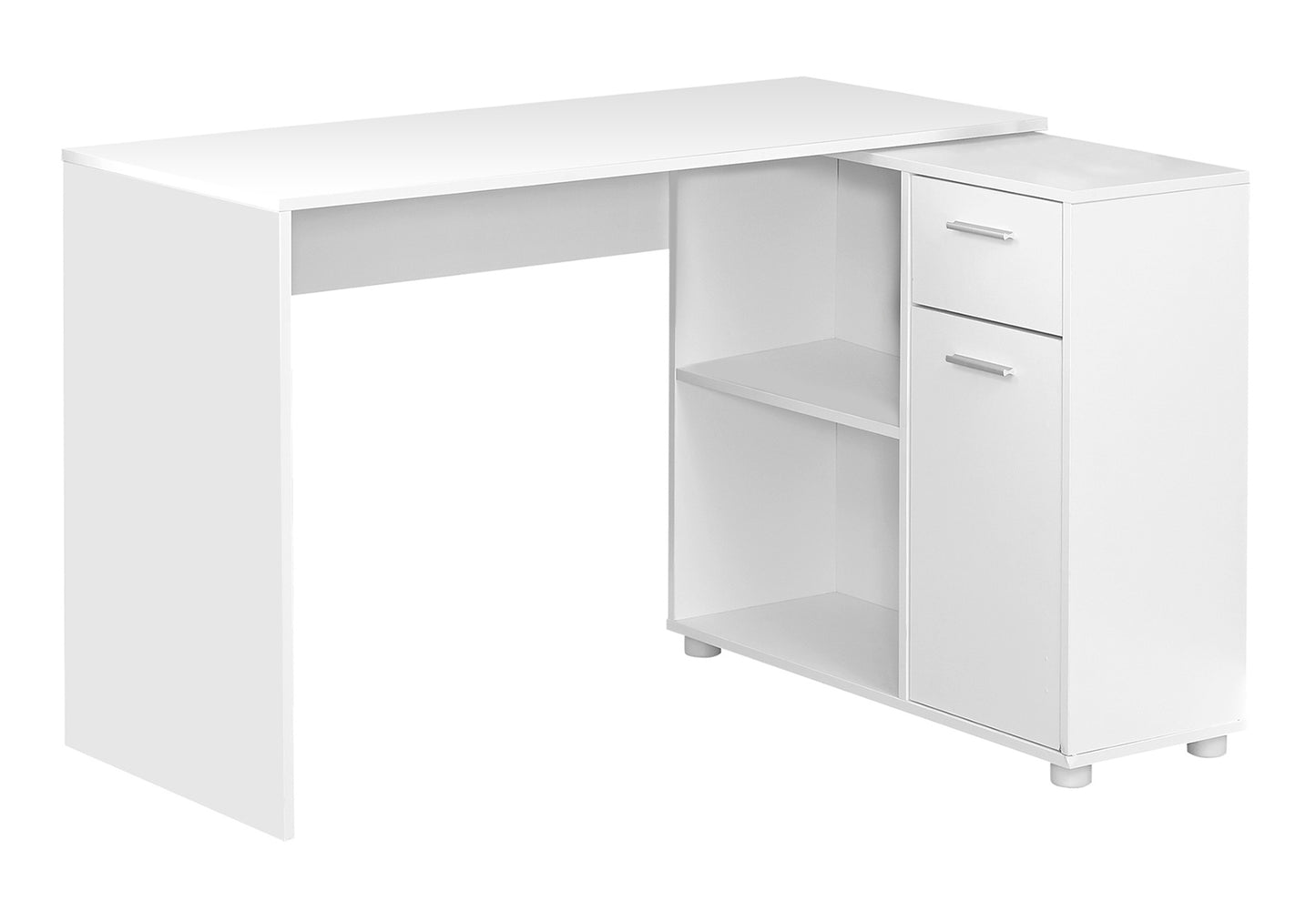 Modern white corner desk with dual drawers and open shelving for office storage