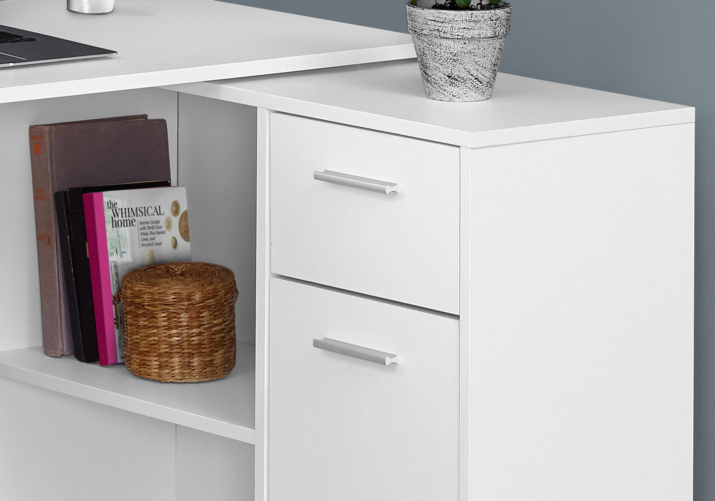 White modern desk with two drawers and open shelving