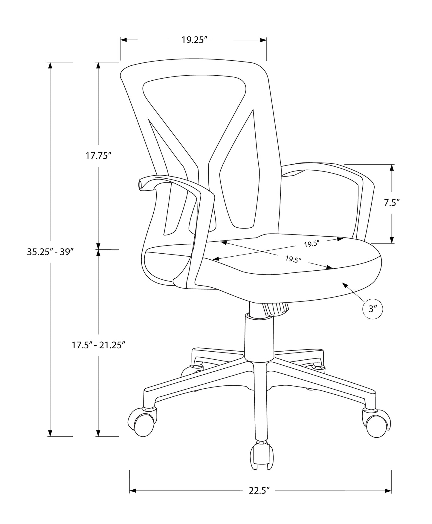 Adjustable mesh ergonomic chair with armrests and fivewheel base
