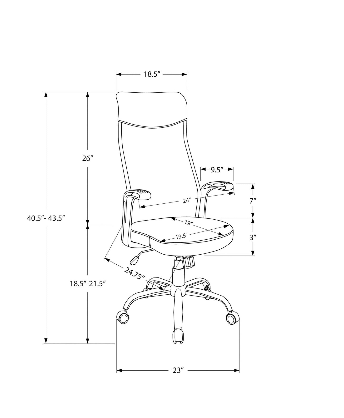 Technical drawing of a black ergonomic office chair with dimensions labeled for seat back and armrest height