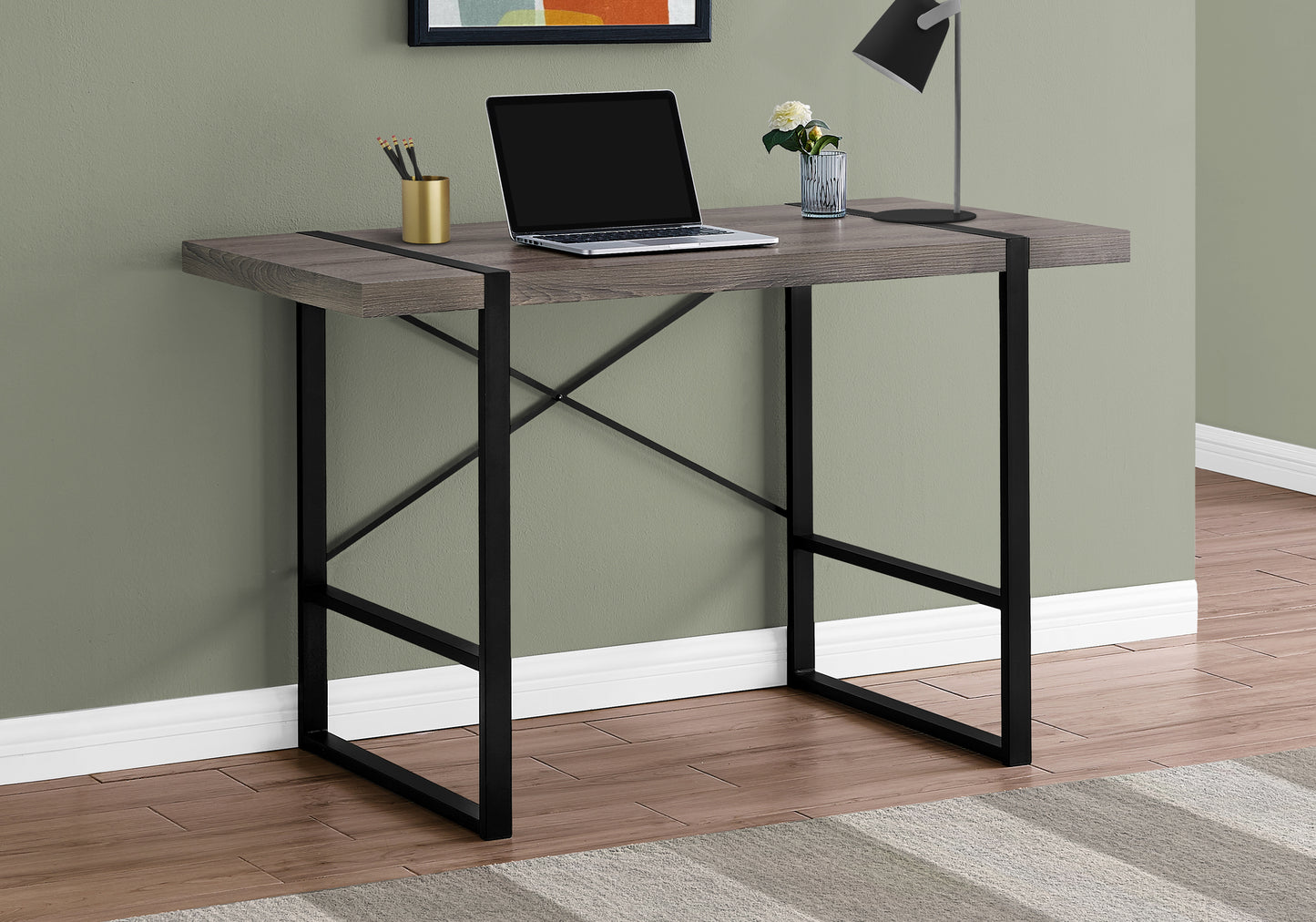Modern rustic wood grain desk with black metal frame and cross brace