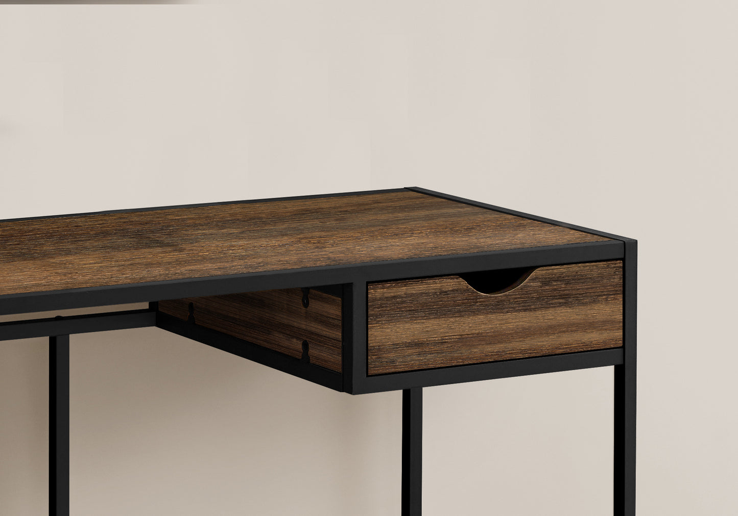 Rustic wood and black metal desk with integrated drawer perfect for small spaces