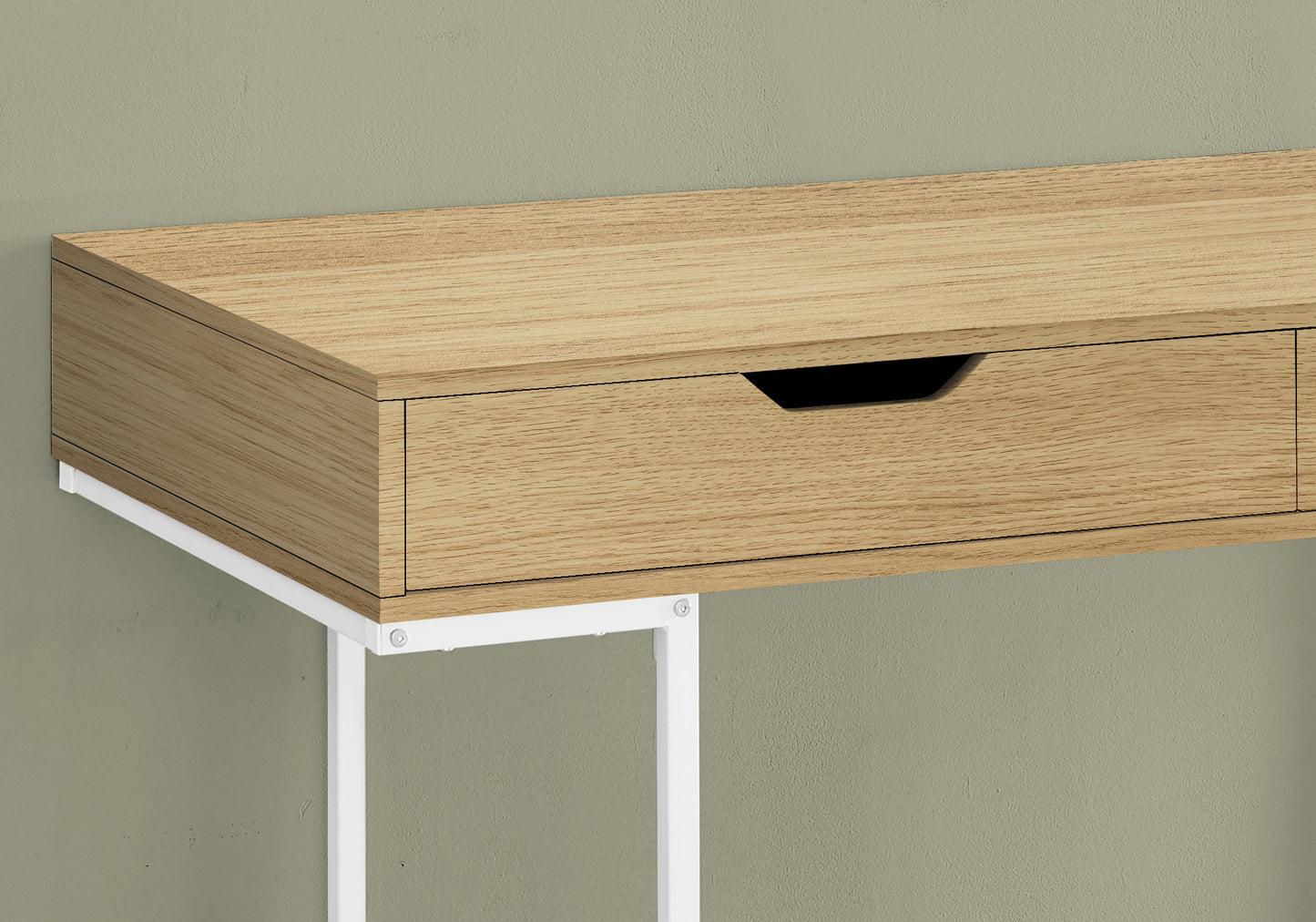 Light oak console table with a single drawer and white metal legs