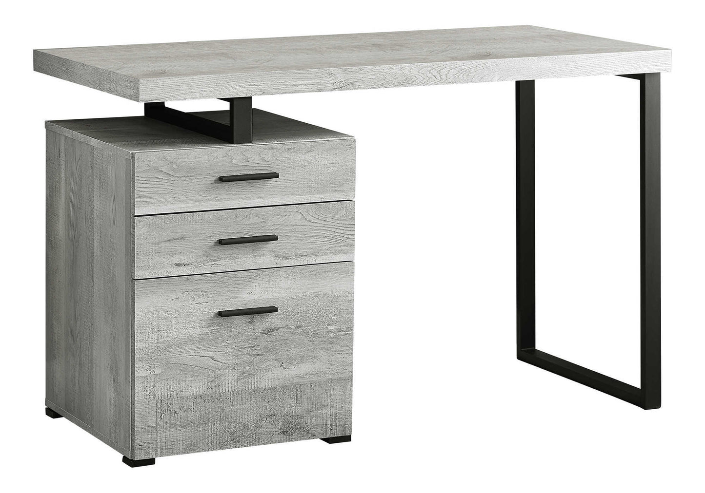 Rustic grey wood desk with three drawers and black metal frame