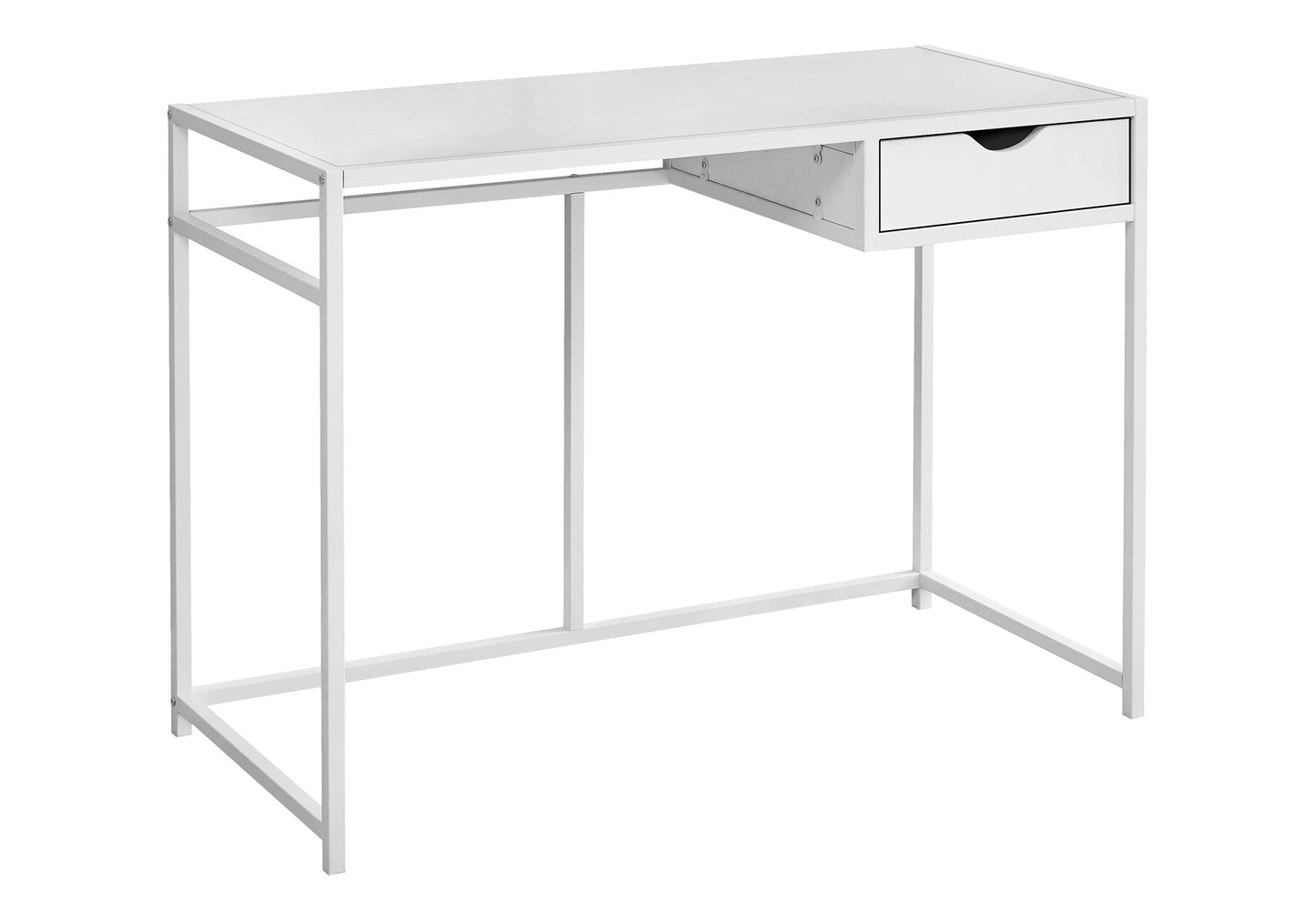 Minimalist white metal writing desk with a single drawer and clean lines
