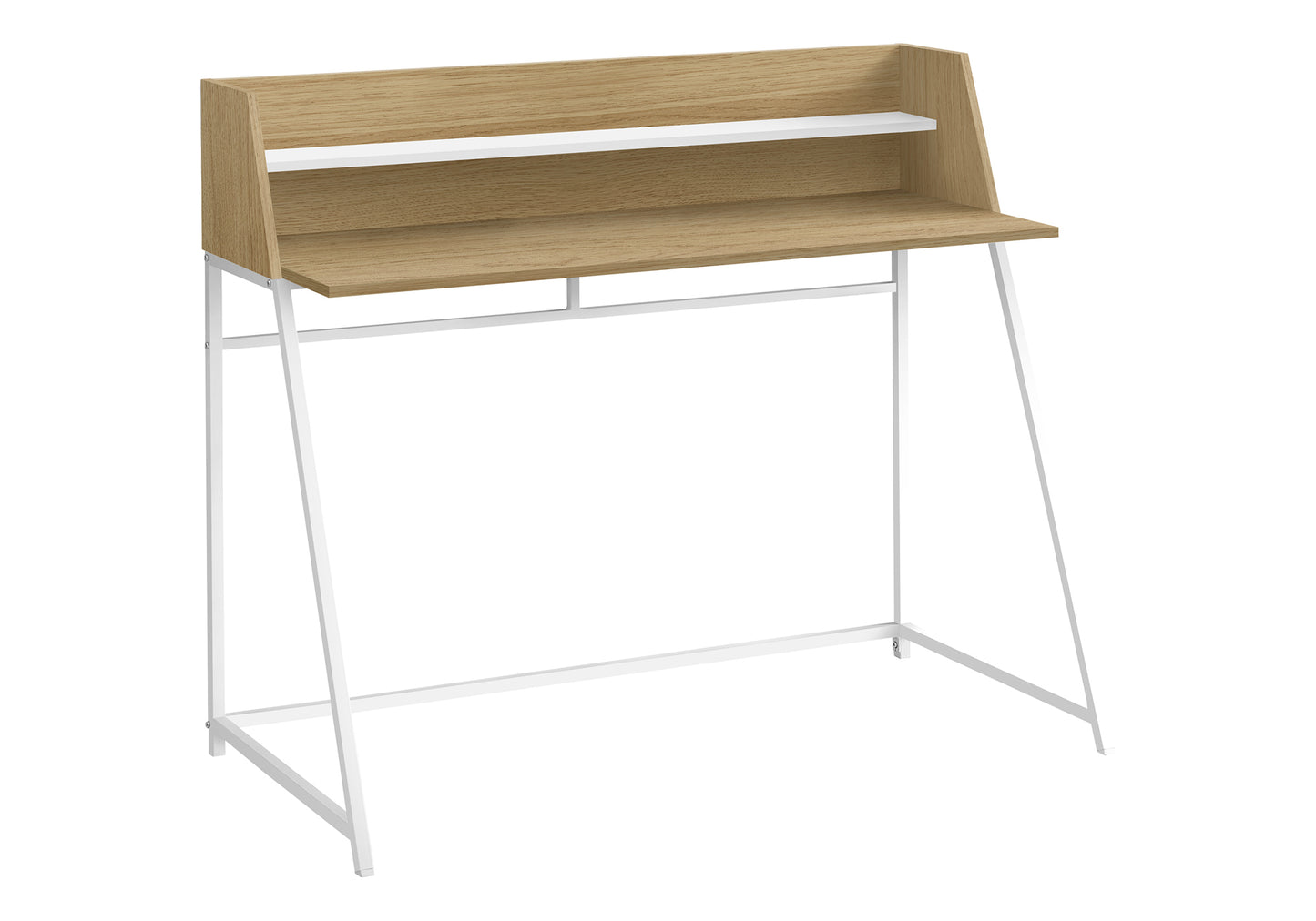 Modern oak writing desk with white metal frame and two shelves for home office