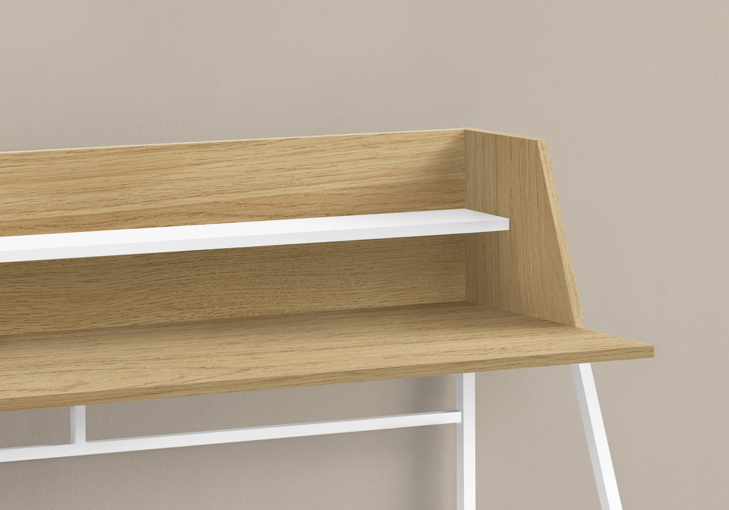 Modern oak wood desk with a white shelf and sleek white metal legs