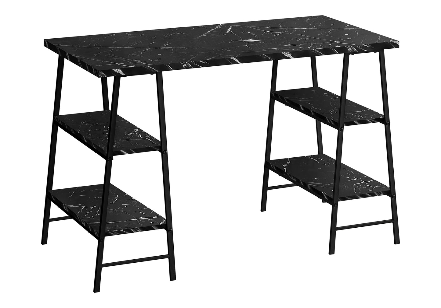 Black marble desk with three shelves on the left and two on the right metal frame