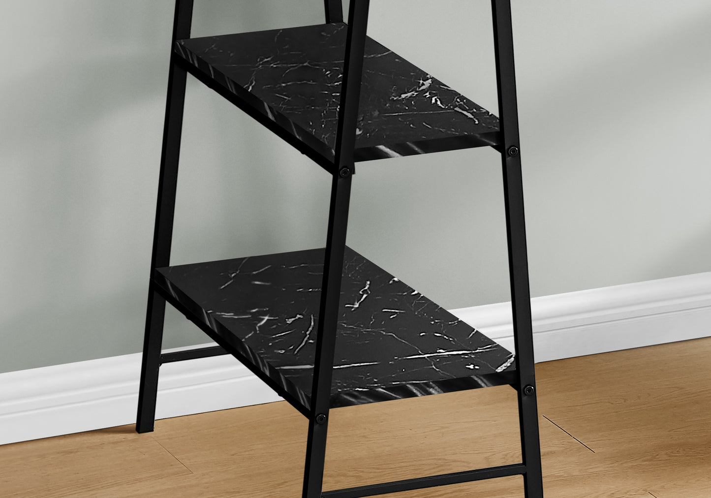 Black marble effect ladder shelf with black metal frame and three tiered shelves
