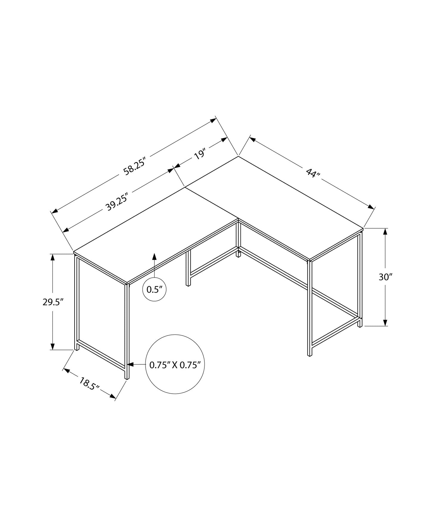 Lshaped modern desk with silver metal frame and white laminate top x main surface