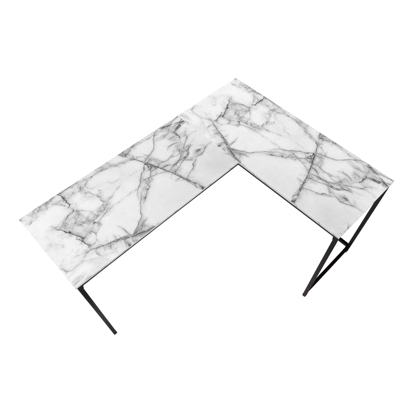 Modern Lshaped desk with a white marble top and black metal legs for a stylish home office