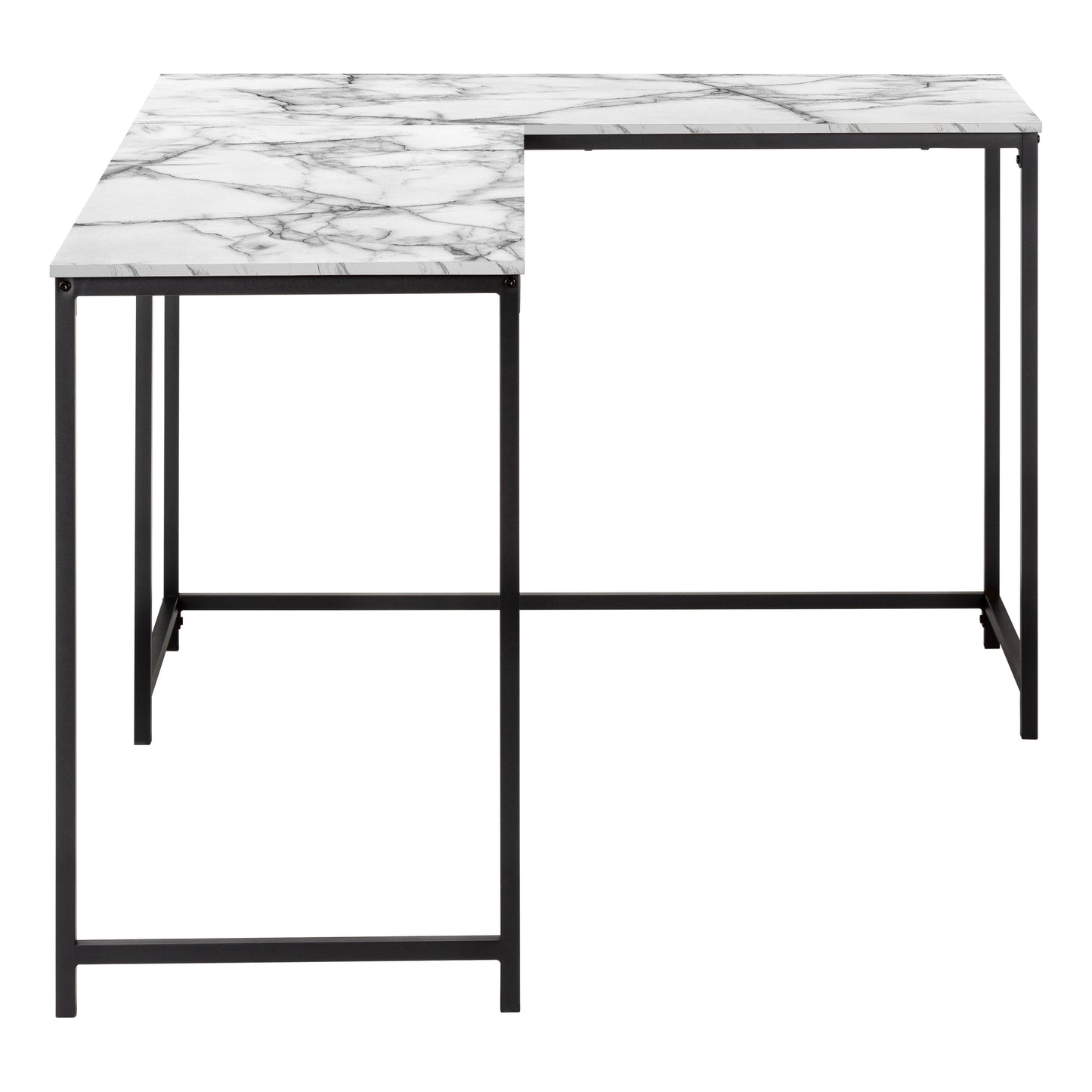 Modern Lshaped desk with white marble laminate top and black metal legs
