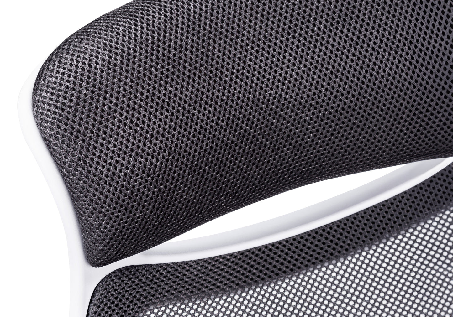 Closeup of breathable black mesh fabric on a white framed ergonomic office chair back