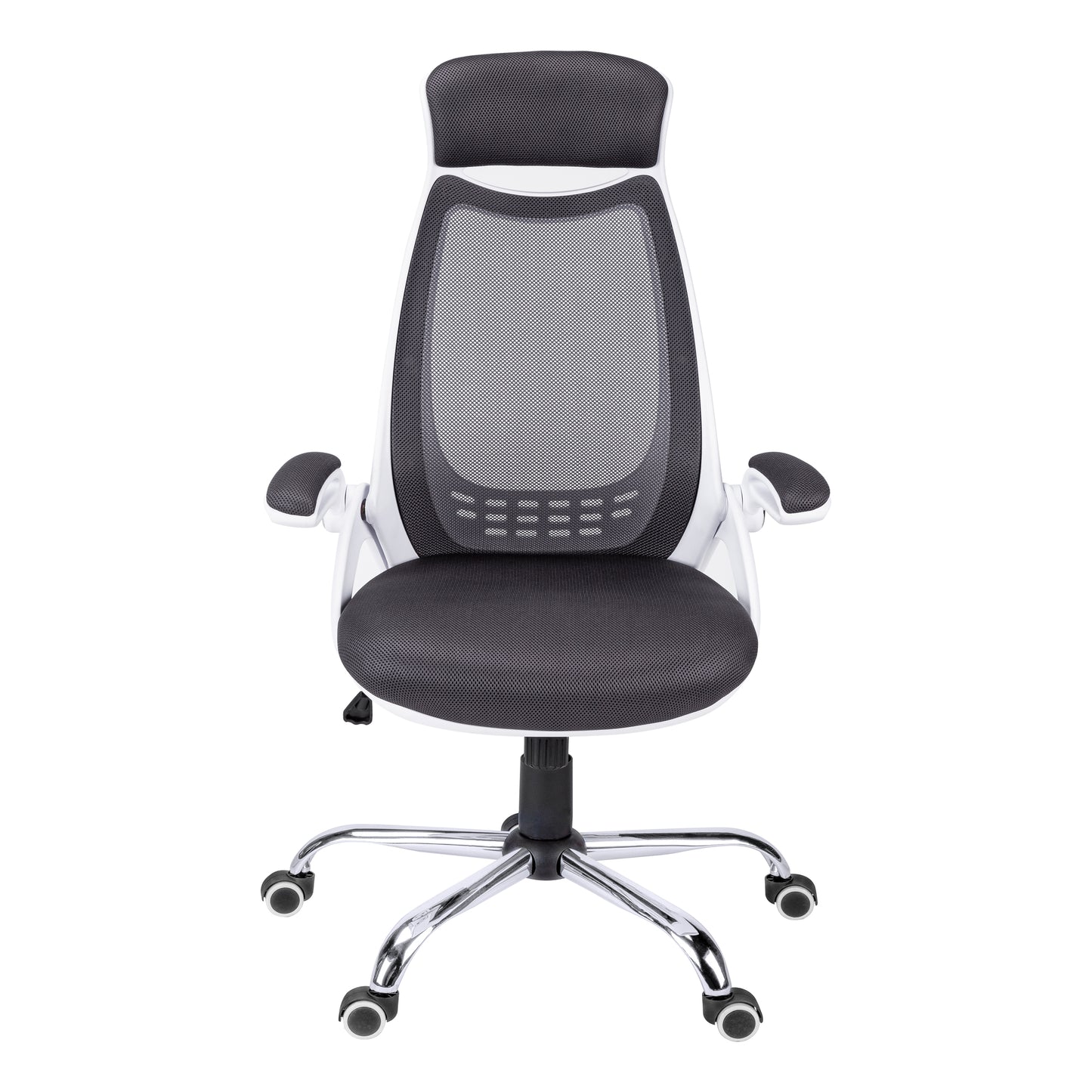 Black mesh ergonomic office chair with white frame and padded armrests