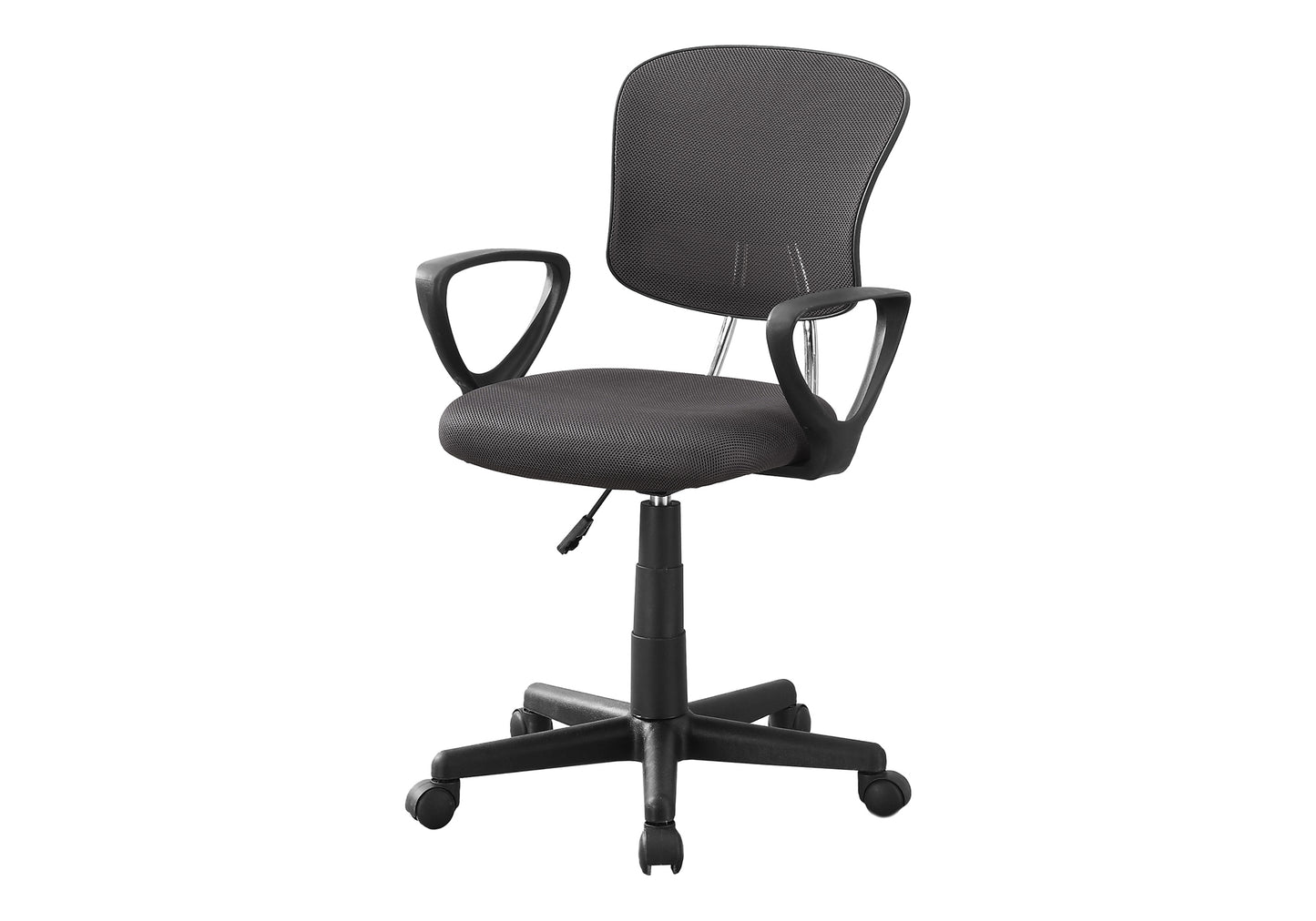 Black mesh back office chair with padded seat and adjustable height for comfortable workspace