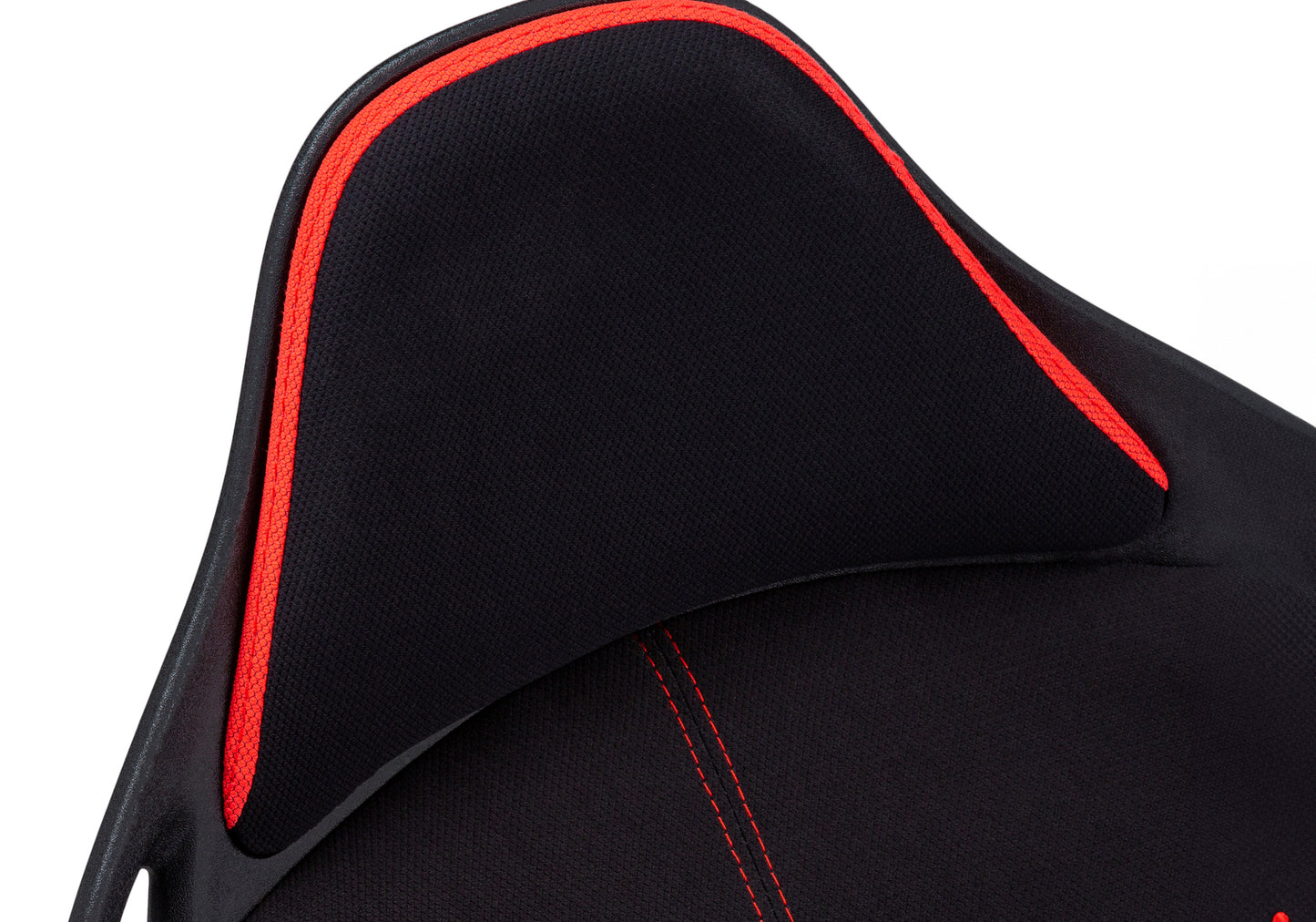 Closeup of black ergonomic gaming chair with red trim and stitching
