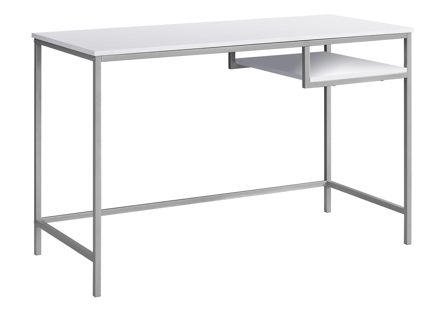 Minimalist white desk with silver metal frame and integrated shelf