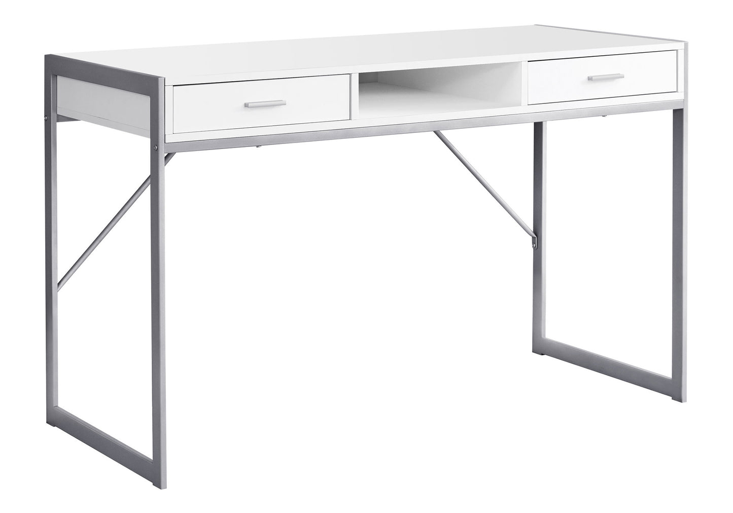 Modern white desk with silver metal frame and two drawers