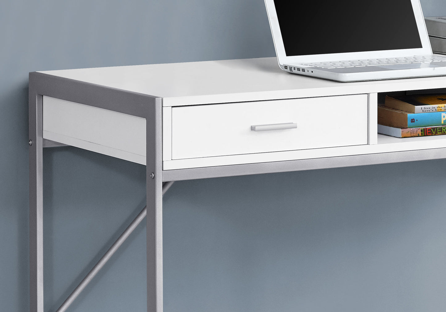 White modern desk with silver metal frame and a single drawer