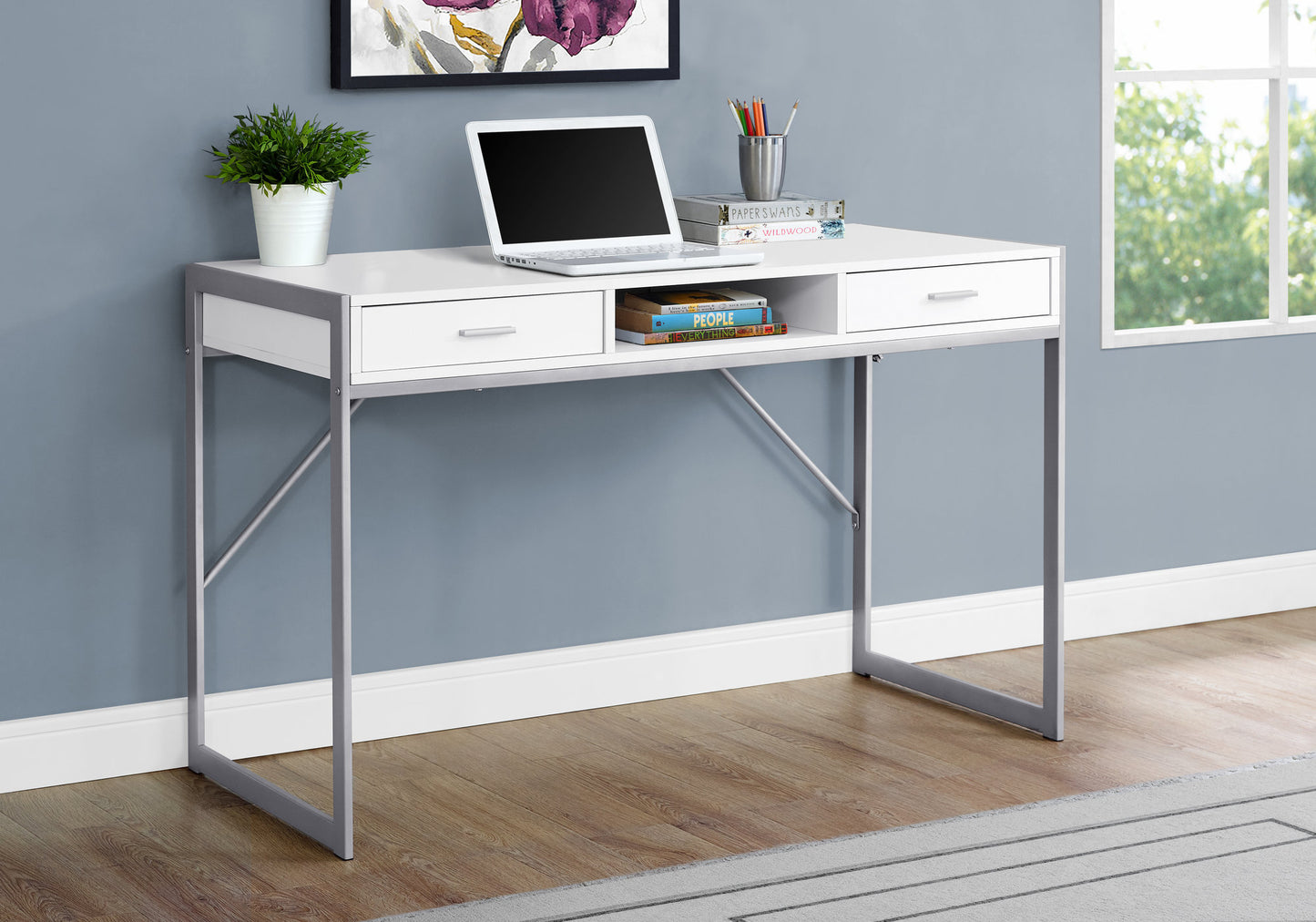 White modern writing desk with silver metal frame and two drawers