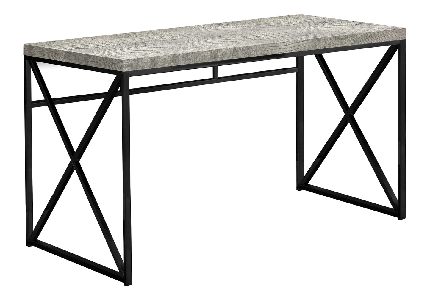 Grey wood grain console table with black metal crisscross legs