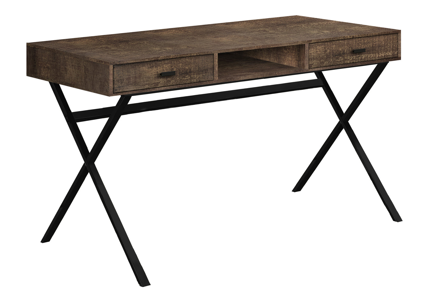 Rustic brown wood desk with black Xframe legs featuring two drawers and an open shelf
