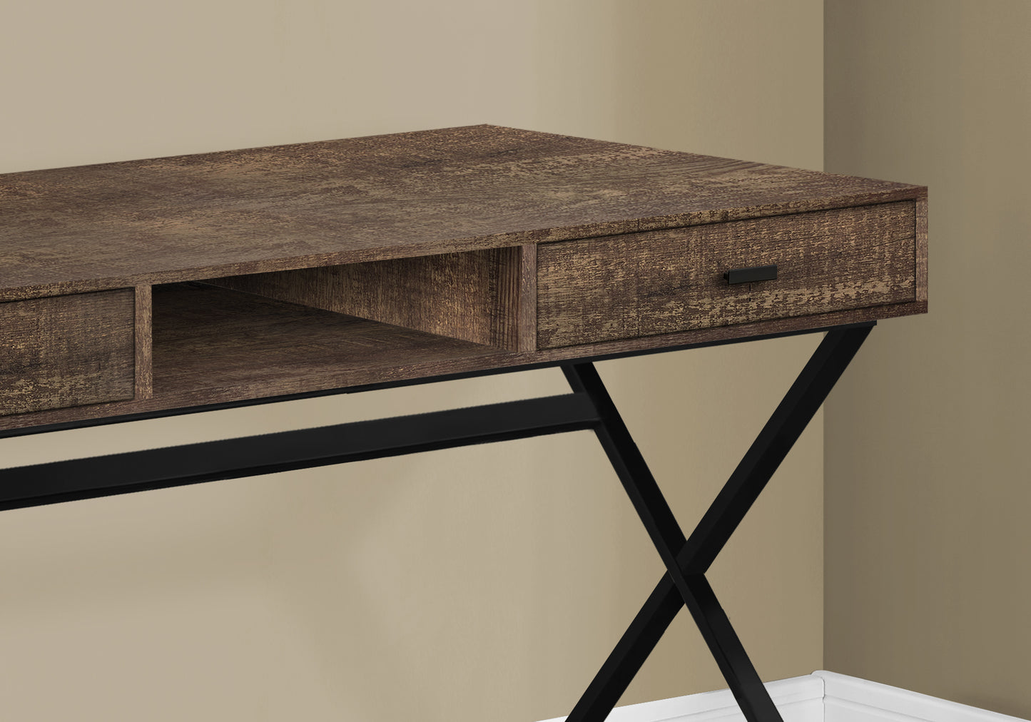 Rustic oak wood desk with black metal Xleg base and open shelf