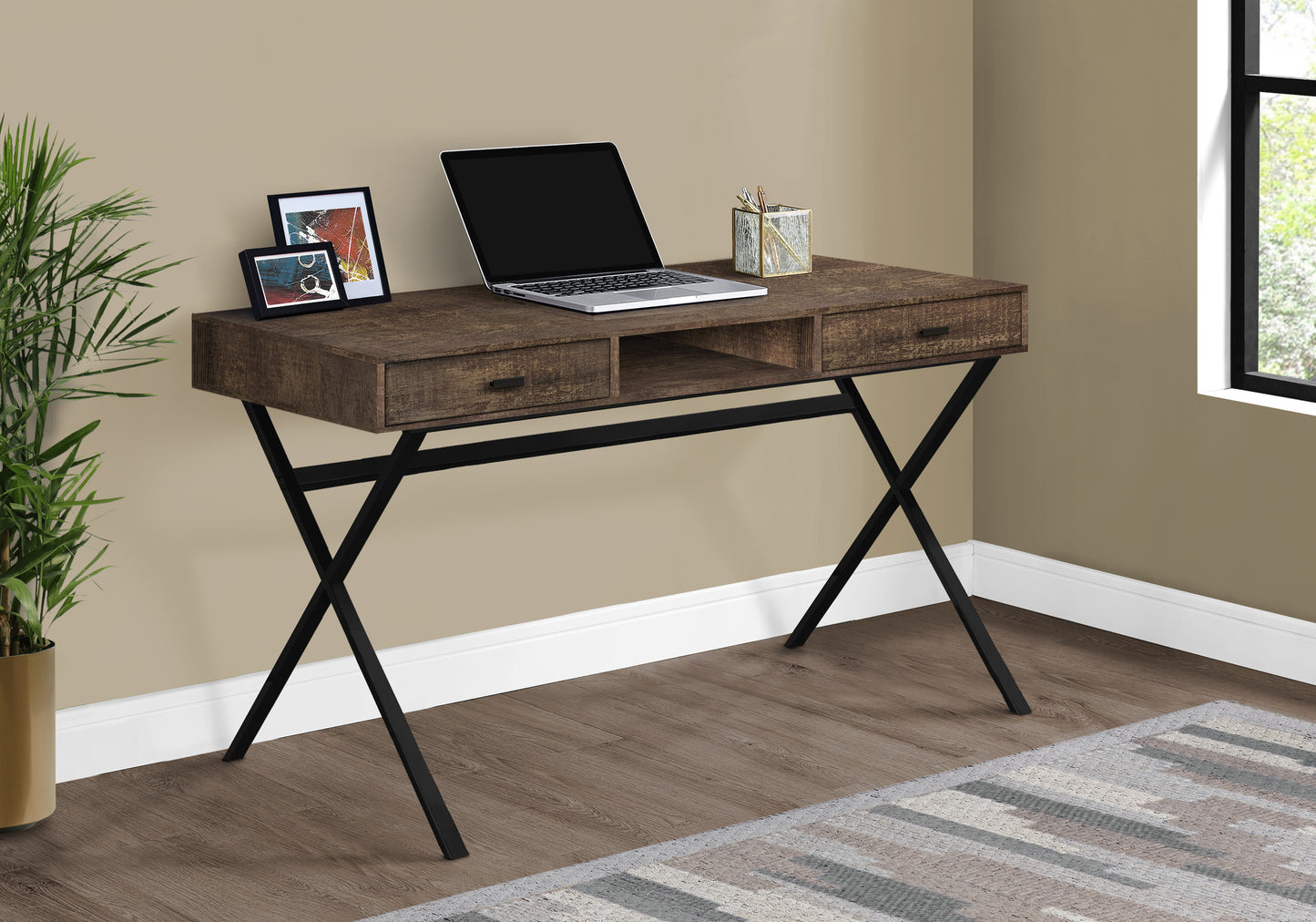 Rustic brown wood desk with black Xframe legs two drawers and open shelving