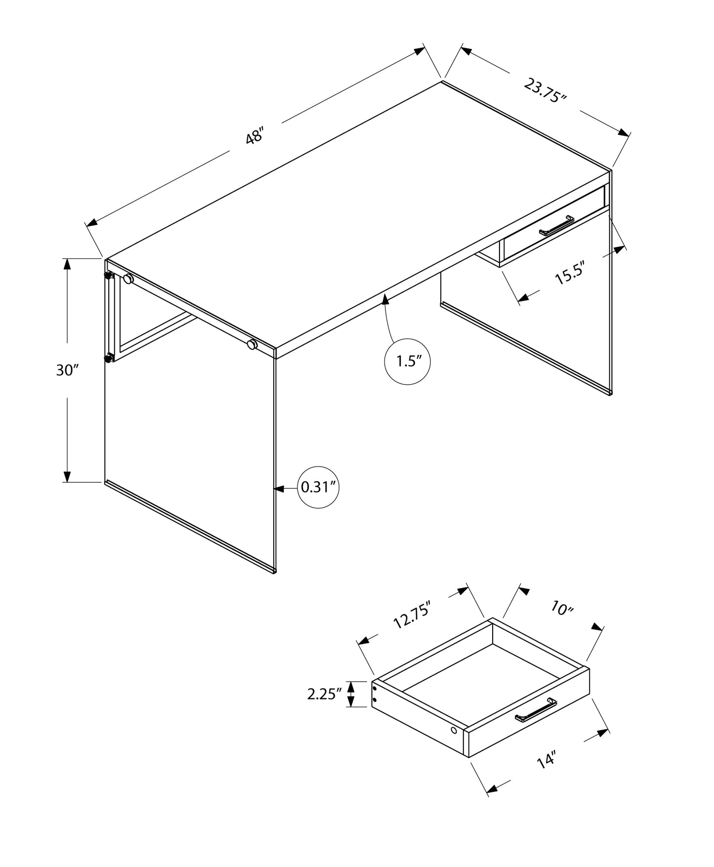 Diagram of a inch wide desk with a inch deep drawer and inch height