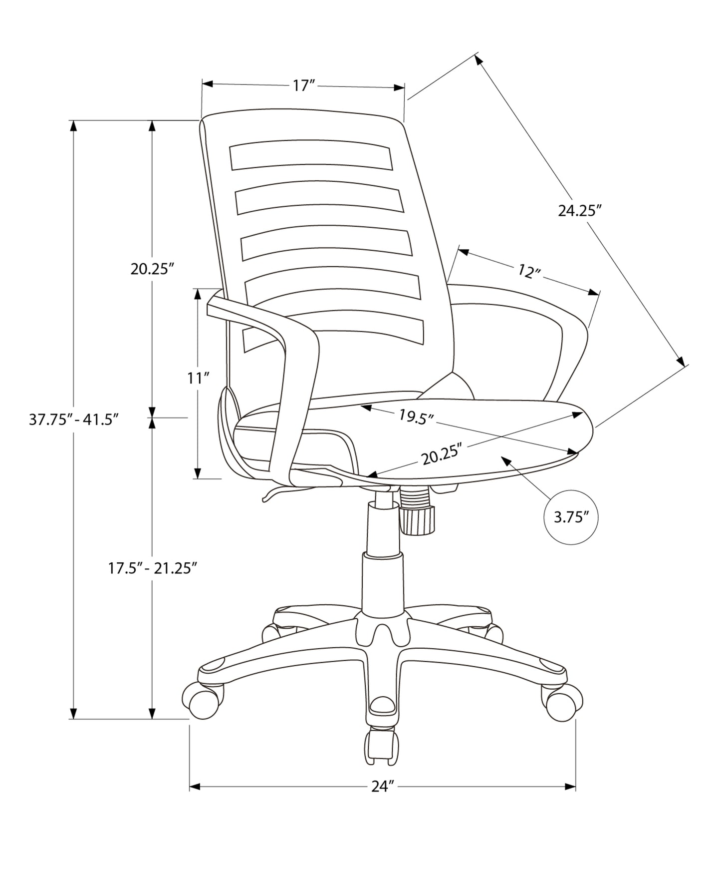 Diagram showing ergonomic mesh office chair with dimensions