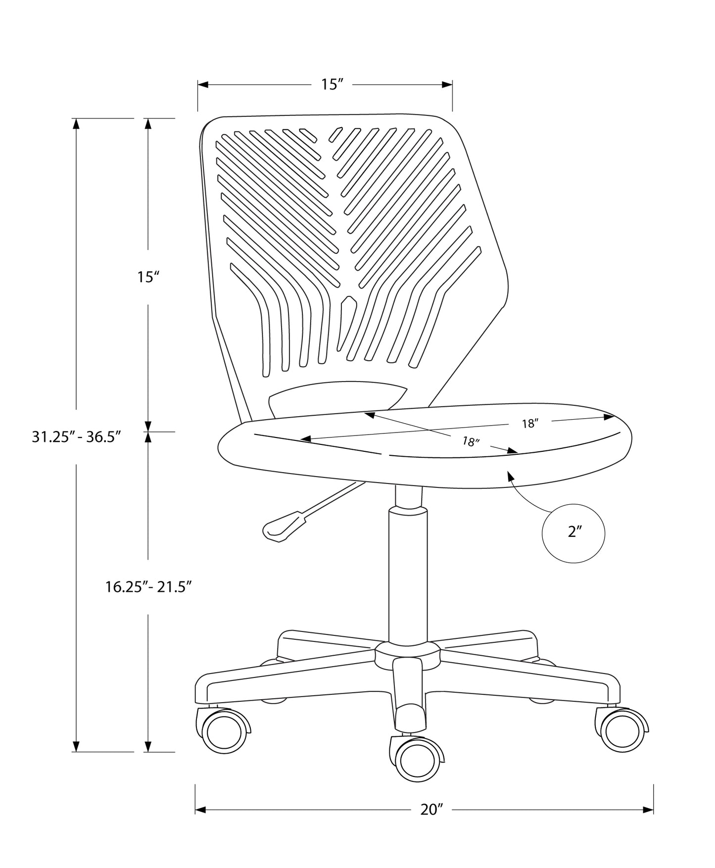 Line drawing of a black ergonomic office chair with dimensions labeled showing seat height adjustability