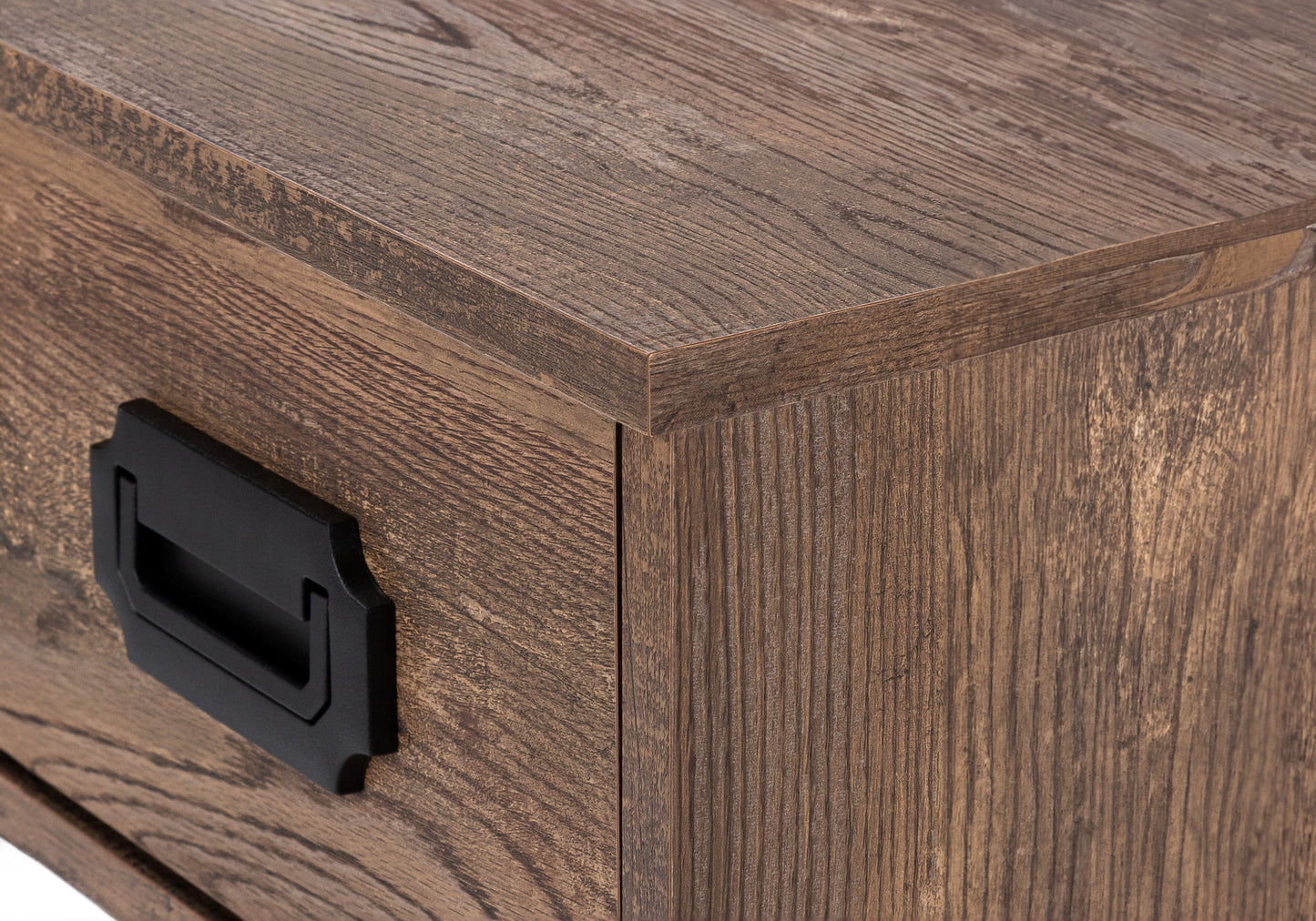 Dark wood dresser with black metal handle detail rustic design