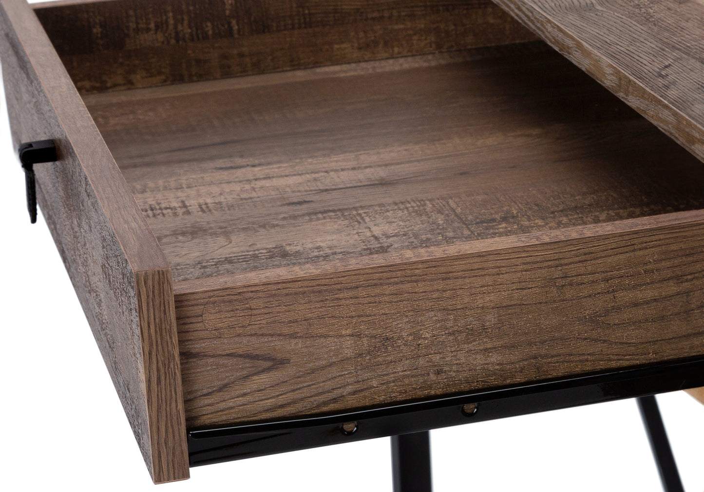 Rustic oak veneer desk drawer interior with black metal hardware