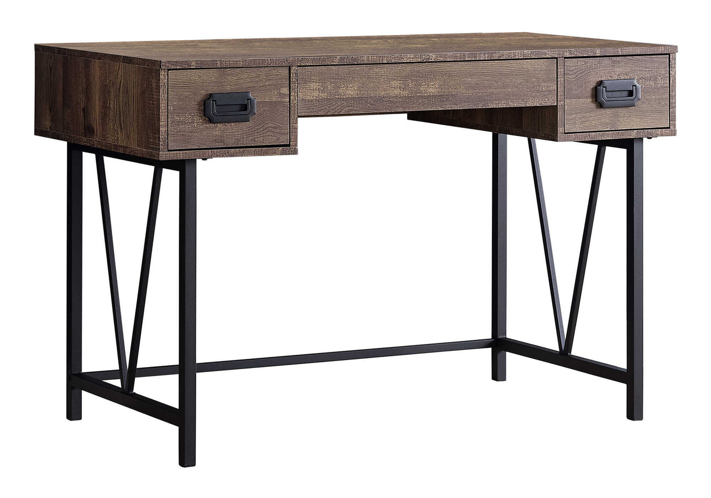Rustic brown wood desk with black metal legs and two drawers perfect for home office