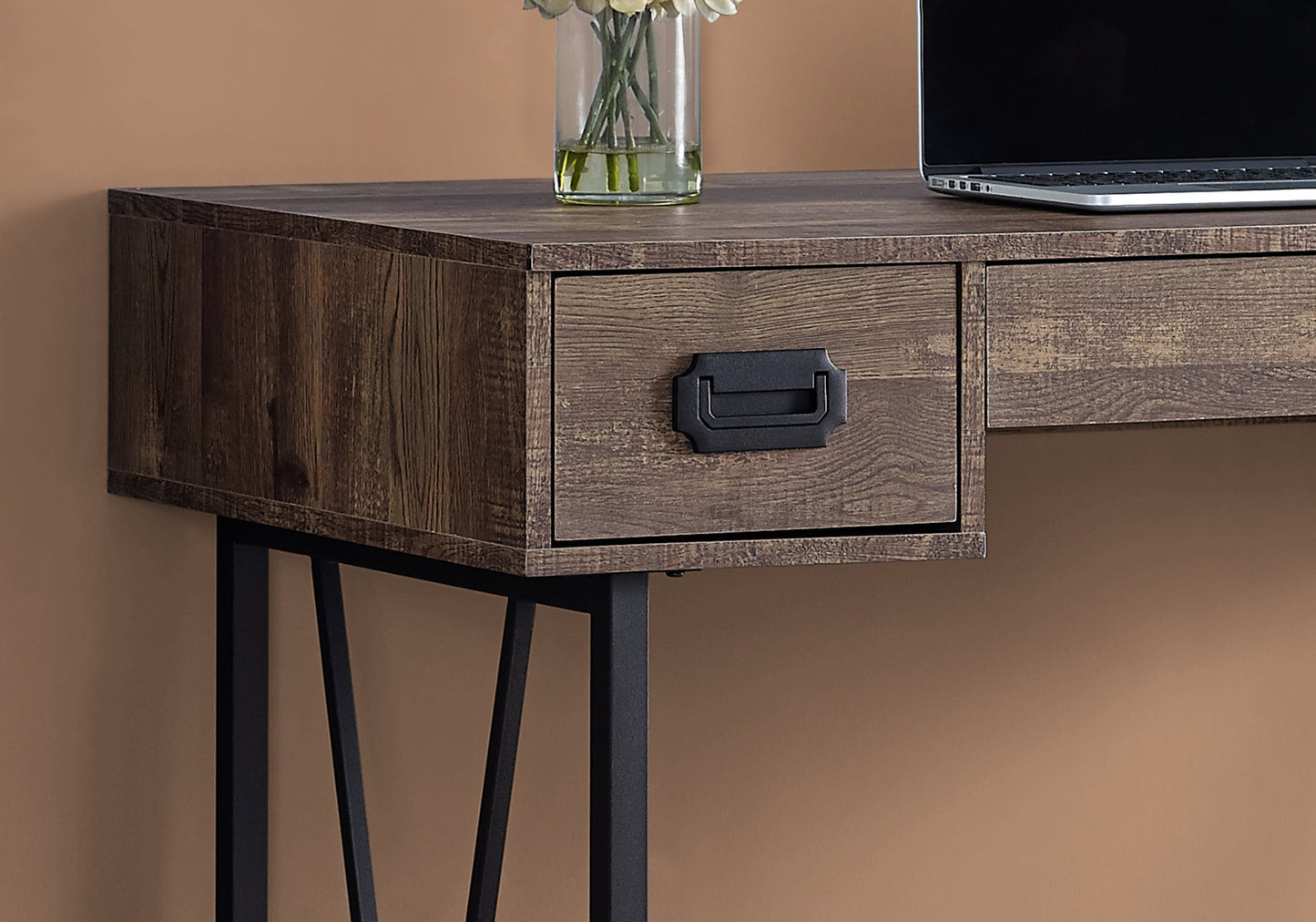 Rustic wood writing desk with black metal hairpin legs and drawer