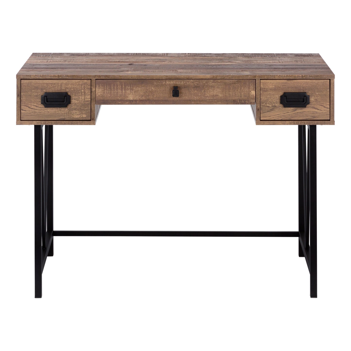 Rustic wood desk with two side drawers and a central drawer industrial black metal legs