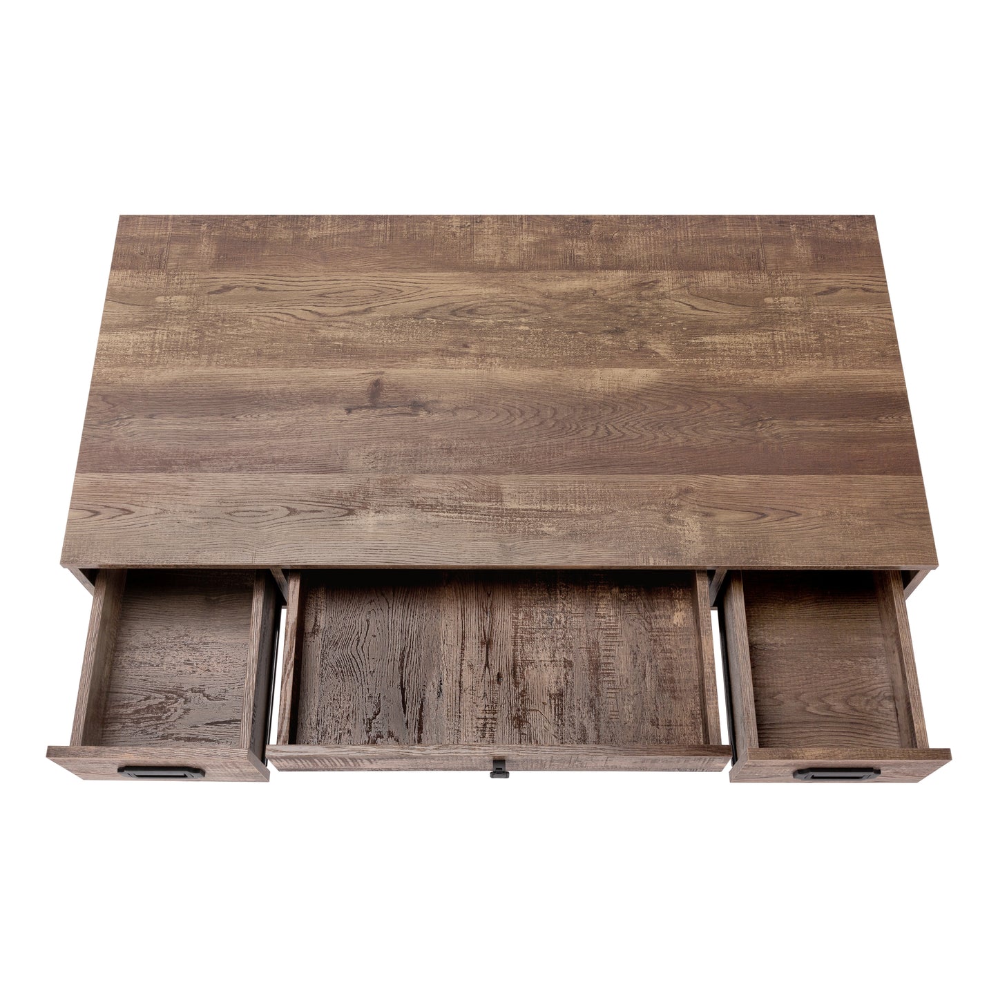 Rustic brown wood grain dresser top with three open drawers and black handles