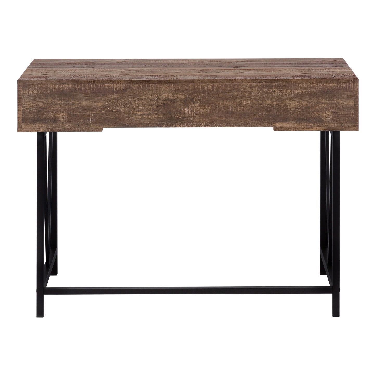 Rustic brown woodgrain desk with black metal legs and drawer