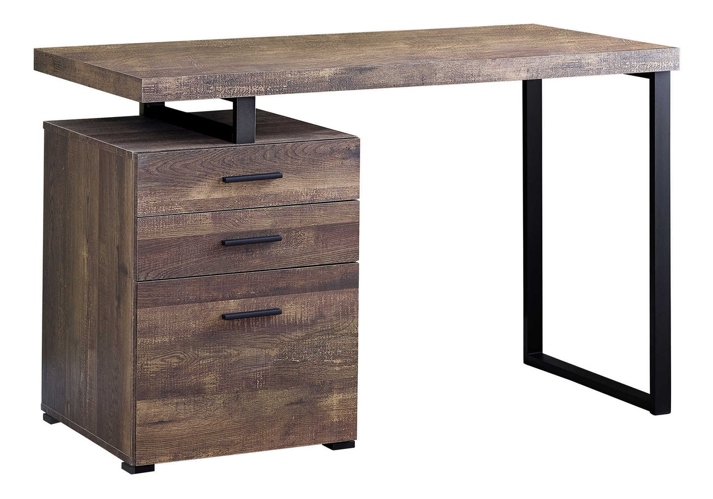 Rustic wood finish computer desk with black metal legs and three drawers for storage