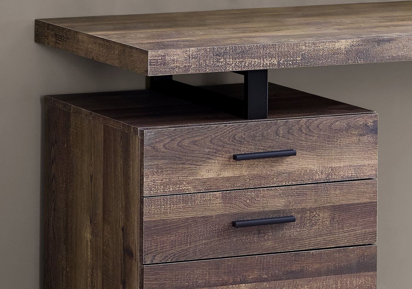 Rustic wood desk with three drawers and metal accents