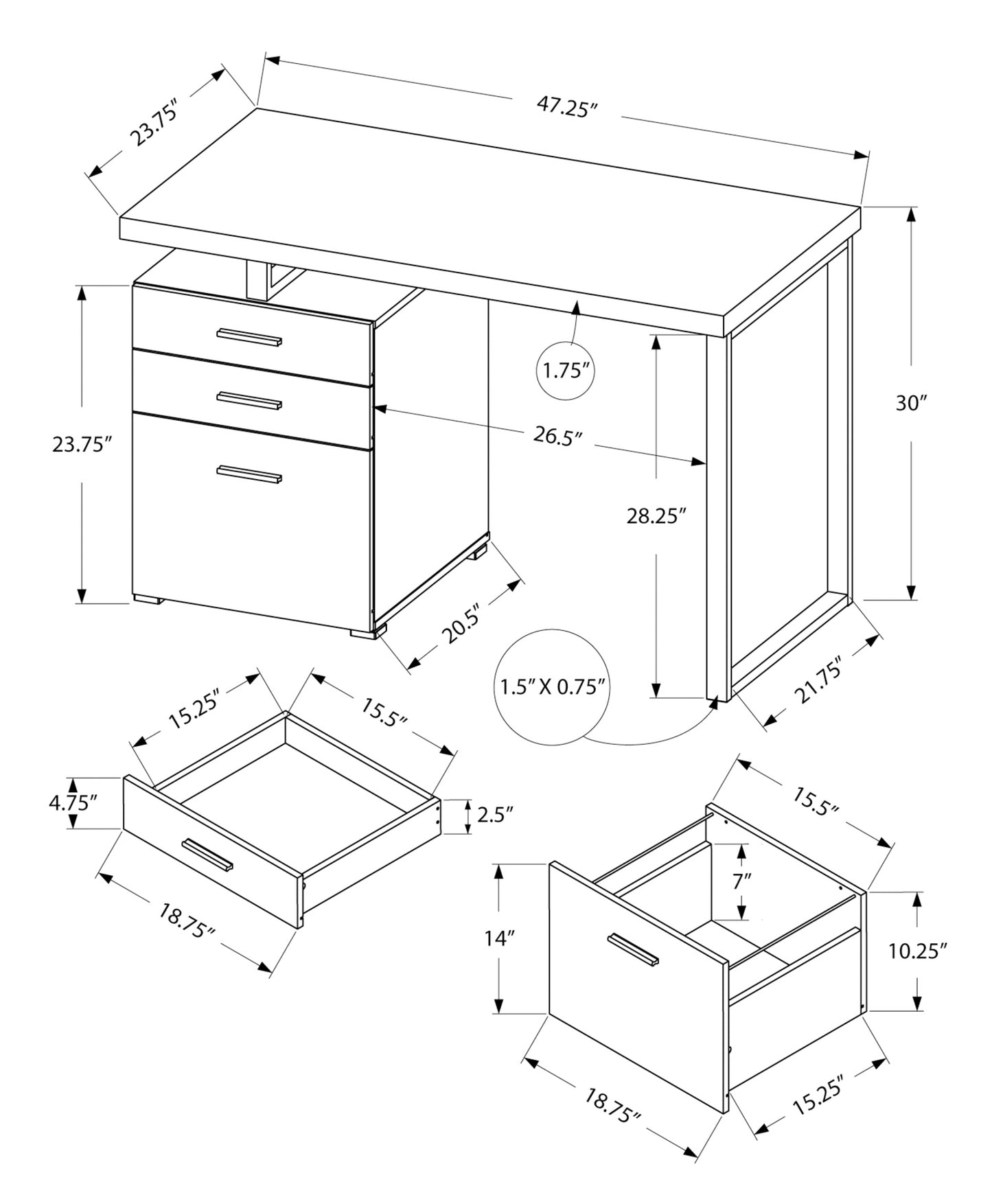 Architectural drawing of a modern white computer desk with three drawers and detailed dimensions