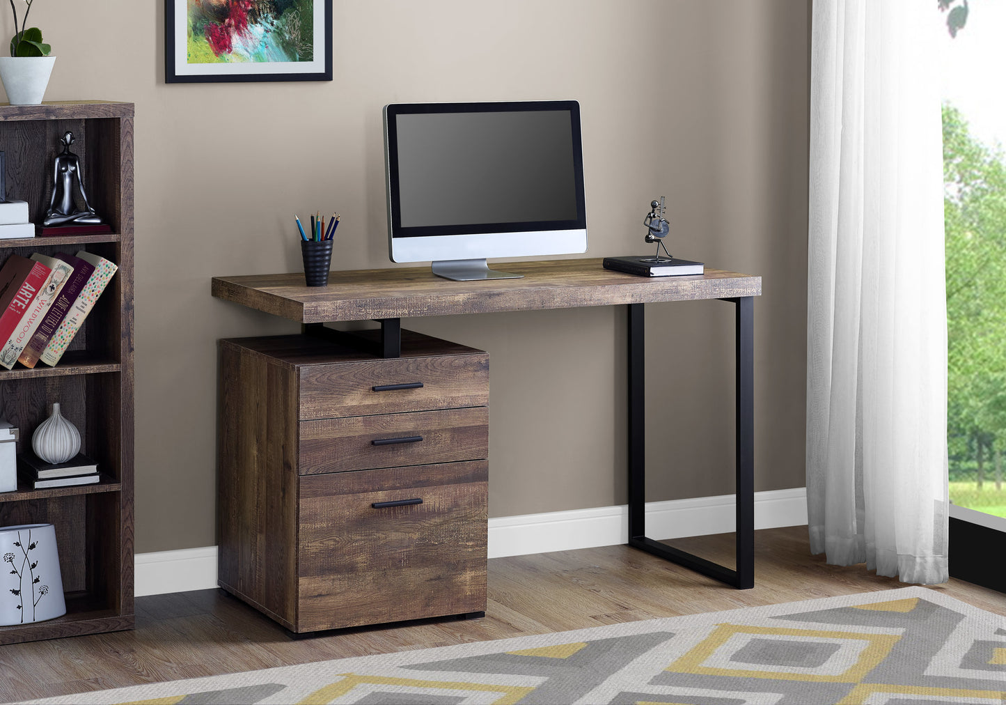 Rustic wood computer desk with drawer filing cabinet and metal legs