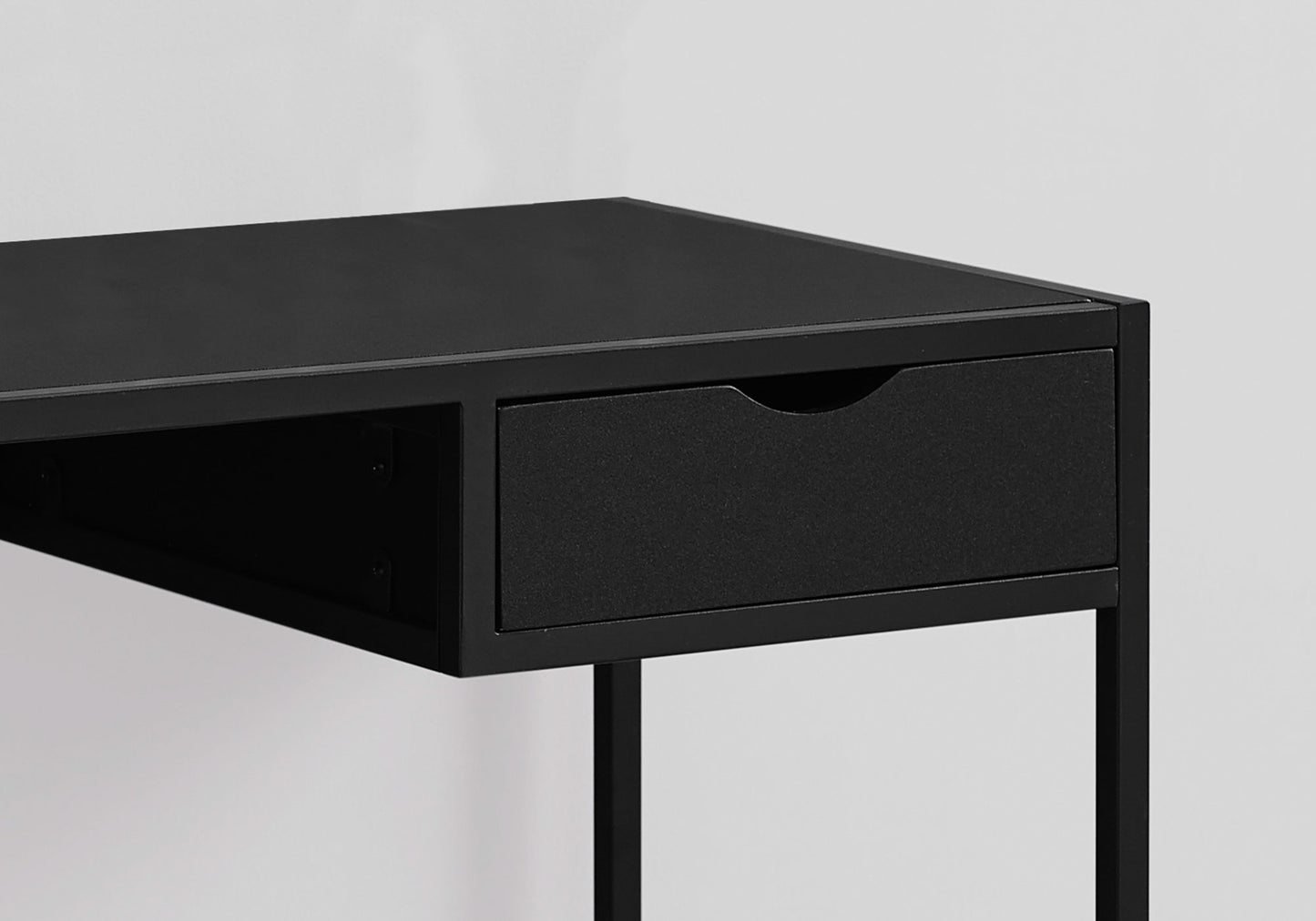 Black metal desk with a minimalist design and a single drawer