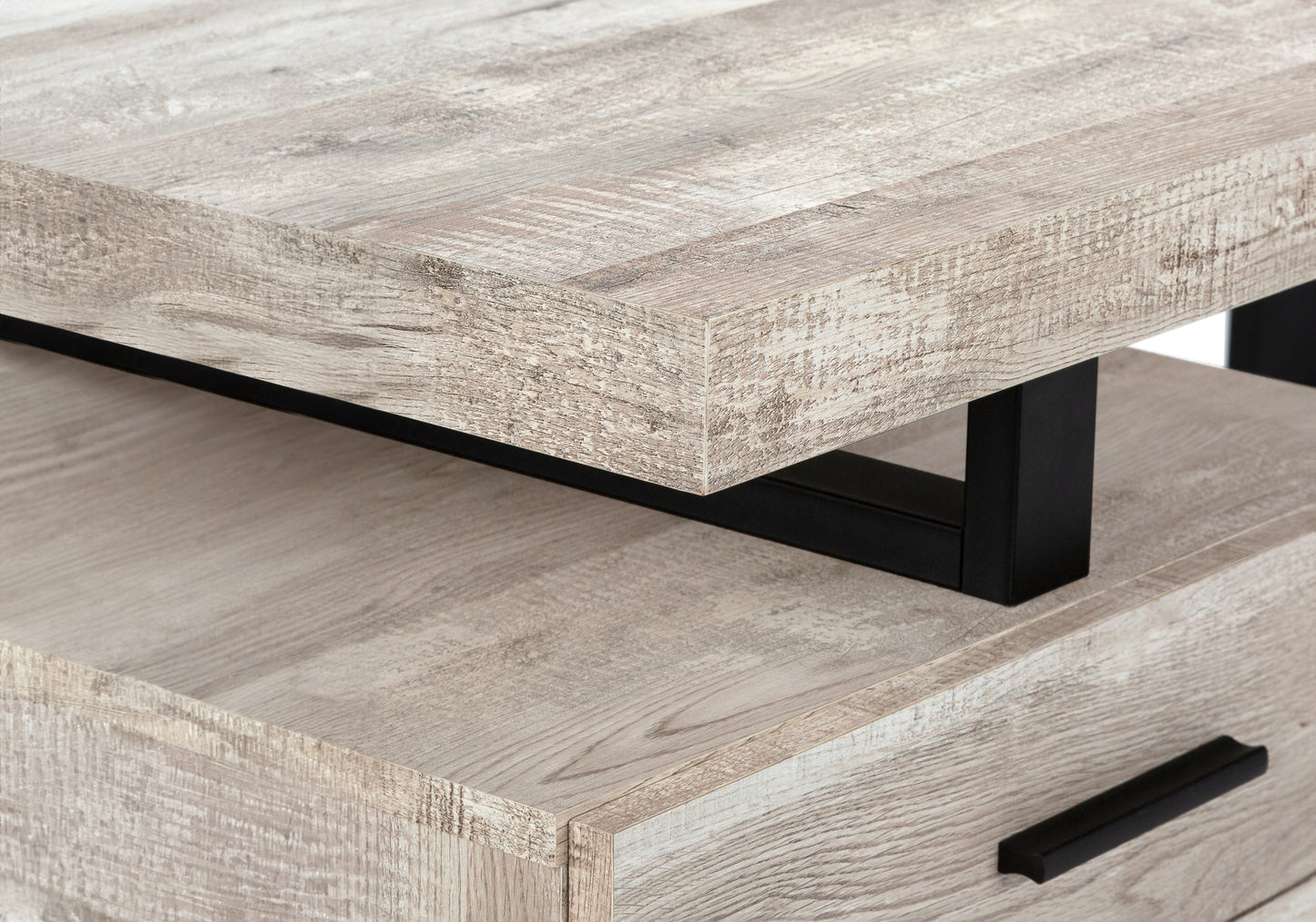 Rustic oak laminate coffee table with black metal accents and a drawer