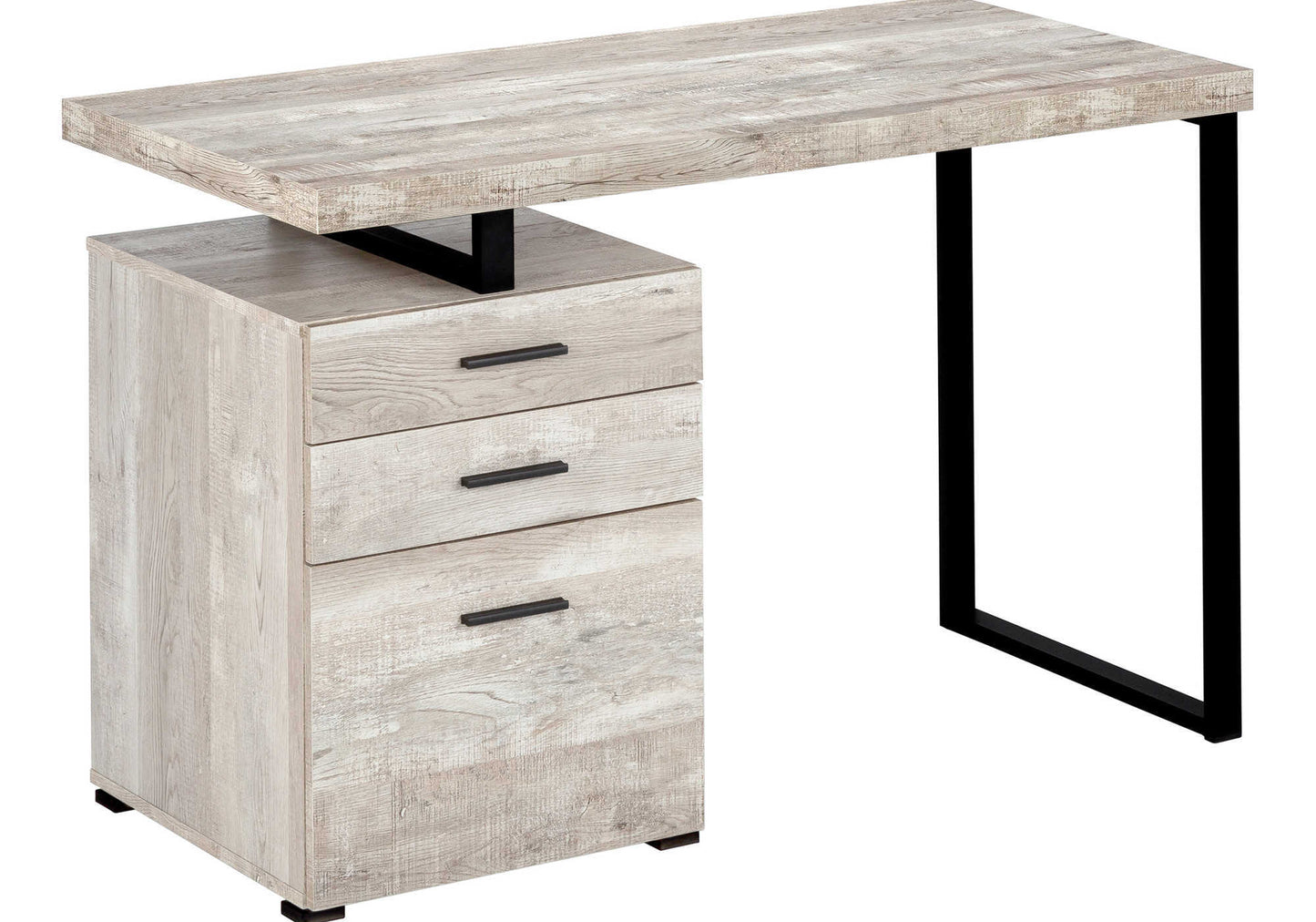 Modern Lshaped desk with distressed wood finish and black metal legs