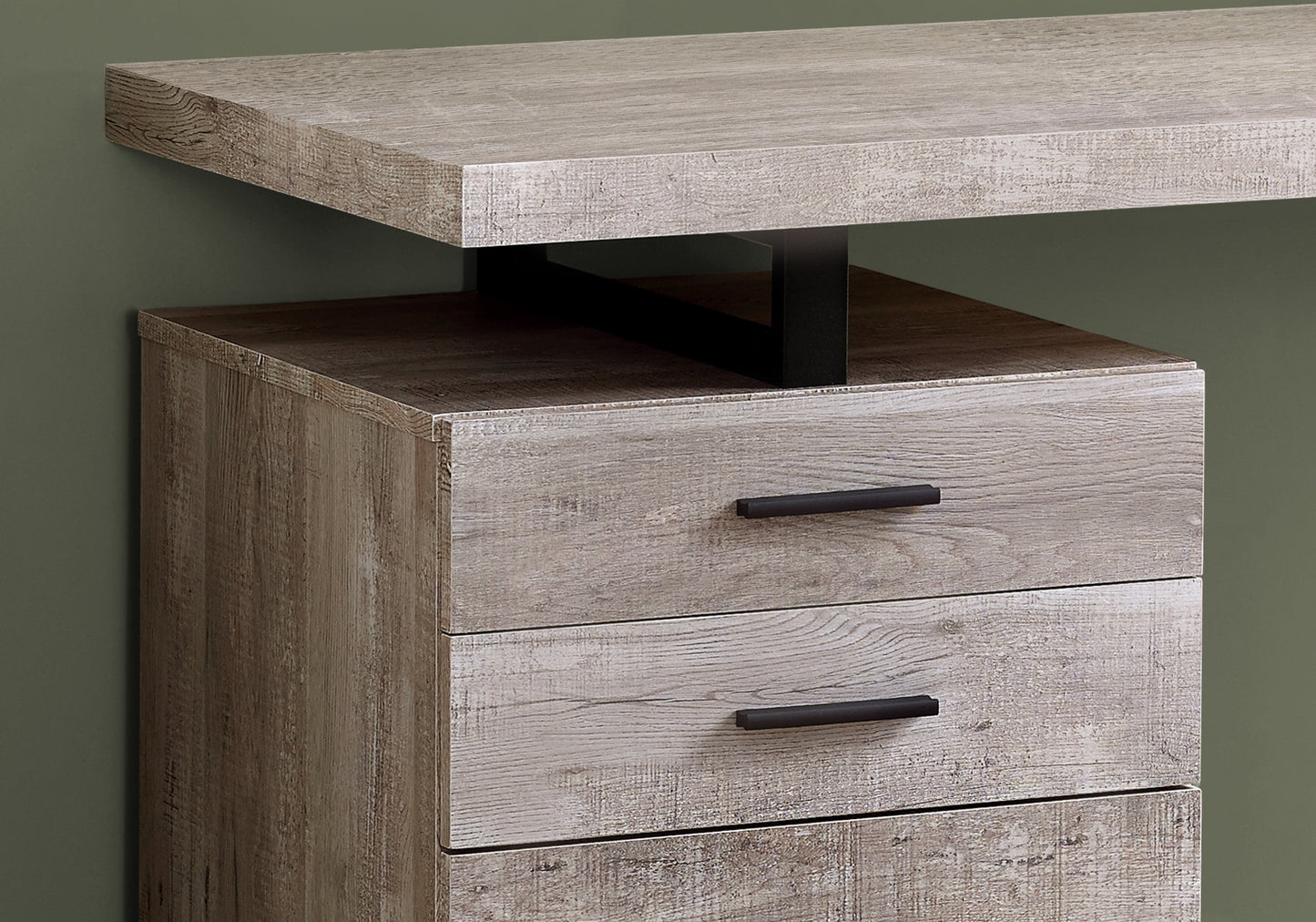 Modern wood desk with three drawers and black metal support
