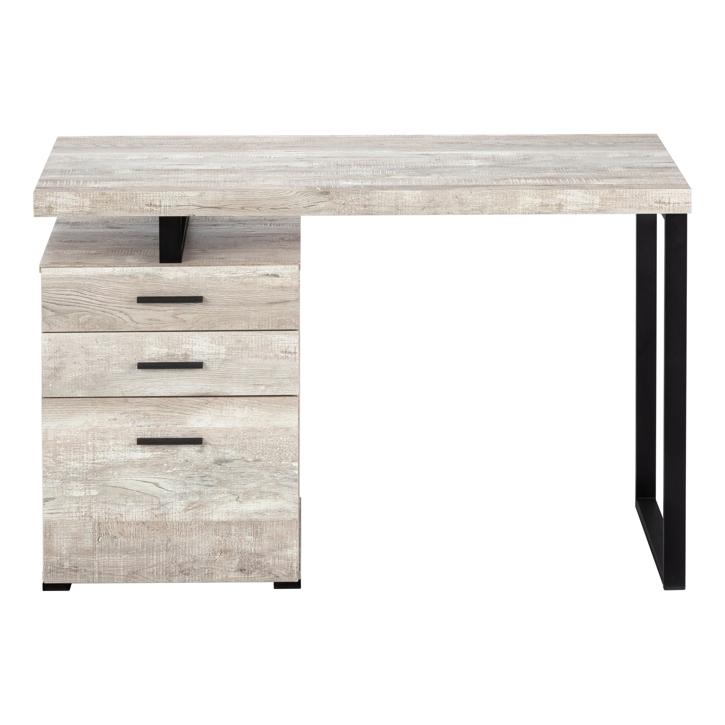 Weathered oak finish computer desk with three drawers and black metal legs