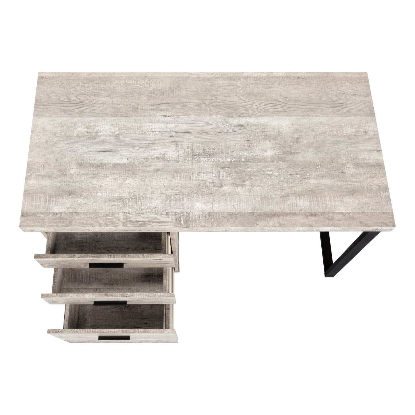 Modern distressed wood desk with three open drawers and metal legs